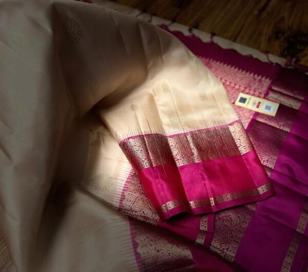 Graceful Beige & Rani Pink Gold Zari Gap Border Silk Saree
