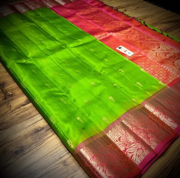 Parrot Green & Rani Pink Gold Zari Jacquard Border Saree