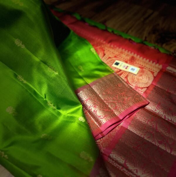 Parrot Green & Rani Pink Gold Zari Jacquard Border Saree
