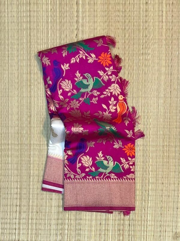 Royal Magenta Gold Zari Banarasi Saree with Multicolor Bird Jaal