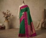 Classic Bottle Green & Rani Pink Kanchipuram Silk Saree with Rich Gold Zari Pallu