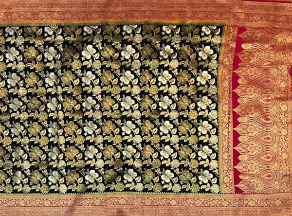 Majestic Black & Red Gold Zari Floral Banarasi Silk Saree