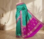 Elegant Teal Green & Rani Pink Gaji Satin Silk Saree with Rich Zari Border