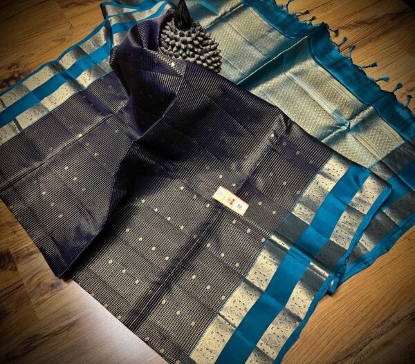 Midnight Blue Gold Zari Silk Saree with Teal Border