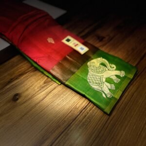 Radiant Ruby Red Silk Saree with Parrot Green Gold Zari Contrast Border