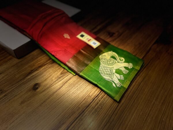 Radiant Ruby Red Silk Saree with Parrot Green Gold Zari Contrast Border