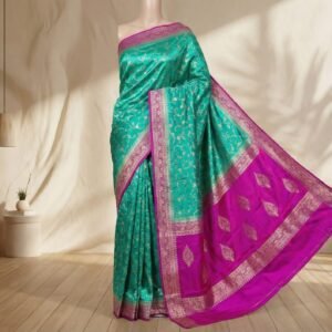 Elegant Teal Green & Rani Pink Gaji Satin Silk Saree with Rich Zari Border