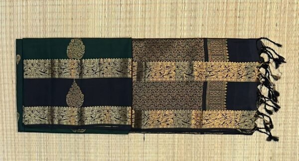 Emerald Green Silk Saree with Black Gold Zari Gap Border
