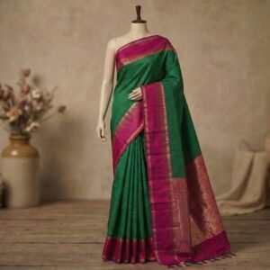 Classic Bottle Green & Rani Pink Kanchipuram Silk Saree with Rich Gold Zari Pallu