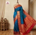Royal Teal Blue & Crimson Red Gold Zari Silk Saree