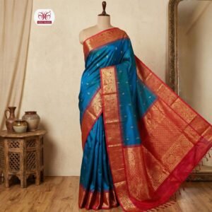 Royal Teal Blue & Crimson Red Gold Zari Silk Saree