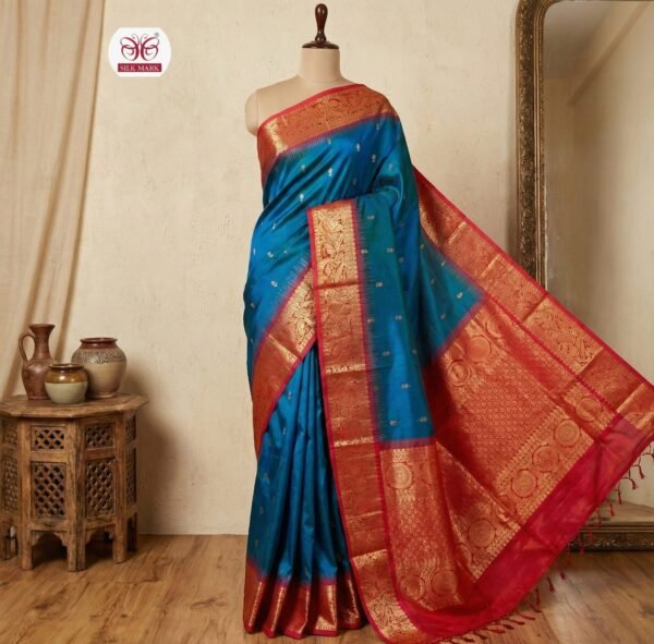 Royal Teal Blue & Crimson Red Gold Zari Silk Saree
