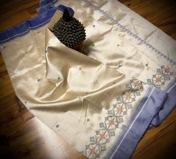 Classic Ivory Tussar Silk Saree with Lavender Embroidered Border