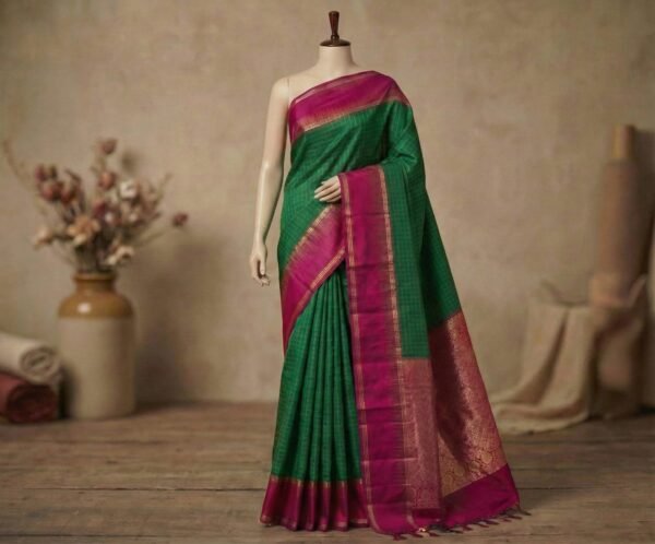 Classic Bottle Green & Rani Pink Kanchipuram Silk Saree with Rich Gold Zari Pallu