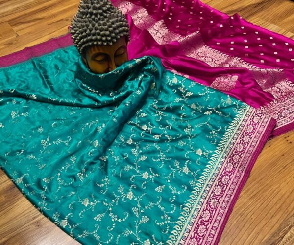 Elegant Teal Green & Rani Pink Gaji Satin Silk Saree with Rich Zari Border