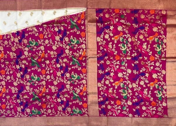 Royal Magenta Gold Zari Banarasi Saree with Multicolor Bird Jaal