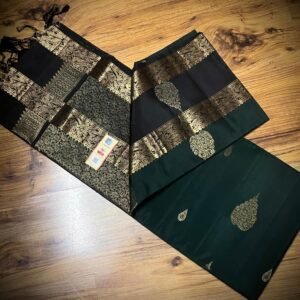 Emerald Green Silk Saree with Black Gold Zari Gap Border