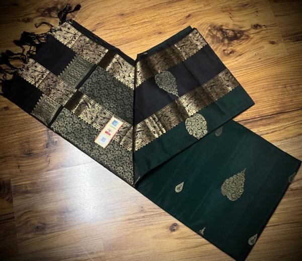 Emerald Green Silk Saree with Black Gold Zari Gap Border