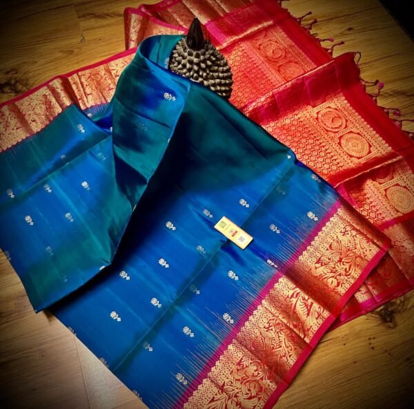 Royal Teal Blue & Crimson Red Gold Zari Silk Saree