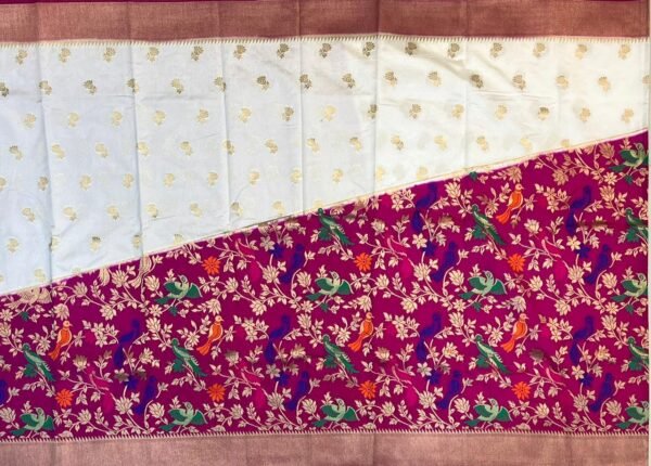 Royal Magenta Gold Zari Banarasi Saree with Multicolor Bird Jaal