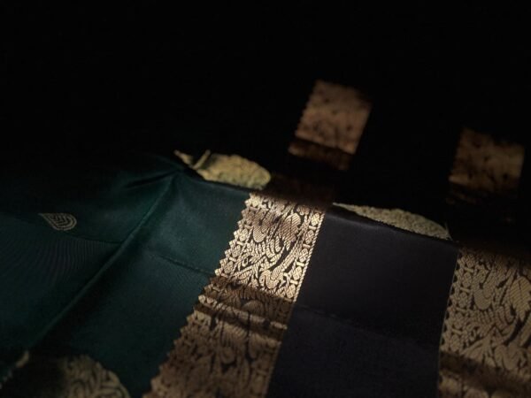 Emerald Green Silk Saree with Black Gold Zari Gap Border