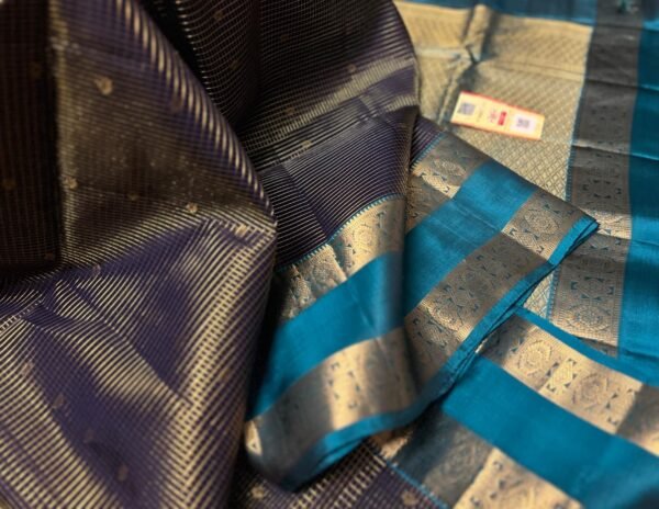 Midnight Blue Gold Zari Silk Saree with Teal Border