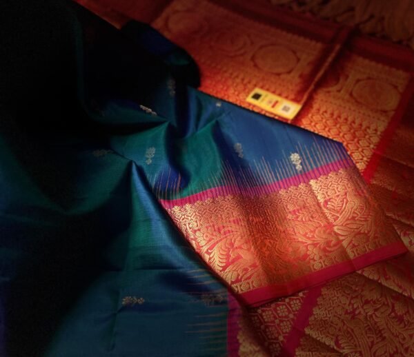 Royal Teal Blue & Crimson Red Gold Zari Silk Saree