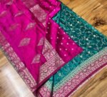 Elegant Teal Green & Rani Pink Gaji Satin Silk Saree with Rich Zari Border