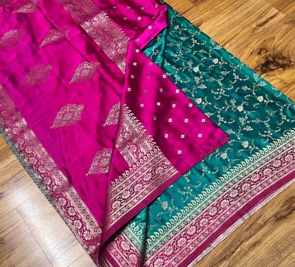Elegant Teal Green & Rani Pink Gaji Satin Silk Saree with Rich Zari Border