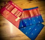 Royal Teal Blue & Crimson Red Gold Zari Silk Saree