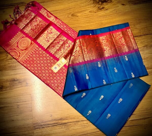 Royal Teal Blue & Crimson Red Gold Zari Silk Saree
