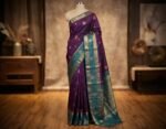 Royal Purple Silk Saree with Teal Gold Zari Gap Border