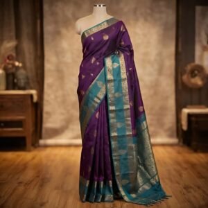 Royal Purple Silk Saree with Teal Gold Zari Gap Border