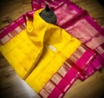 Radiant Mustard Yellow & Rani Pink Gold Zari Gap Border Silk Saree