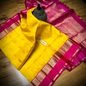 Radiant Mustard Yellow & Rani Pink Gold Zari Gap Border Silk Saree