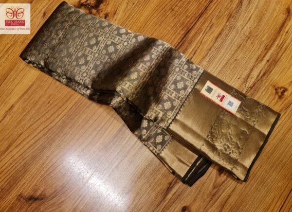 Antique Gold & Charcoal Zari Silk Saree – Subtle Royal Elegance