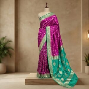Vibrant Rani Pink & Teal Green Gaji Satin Silk Saree with Gold Zari Elegance
