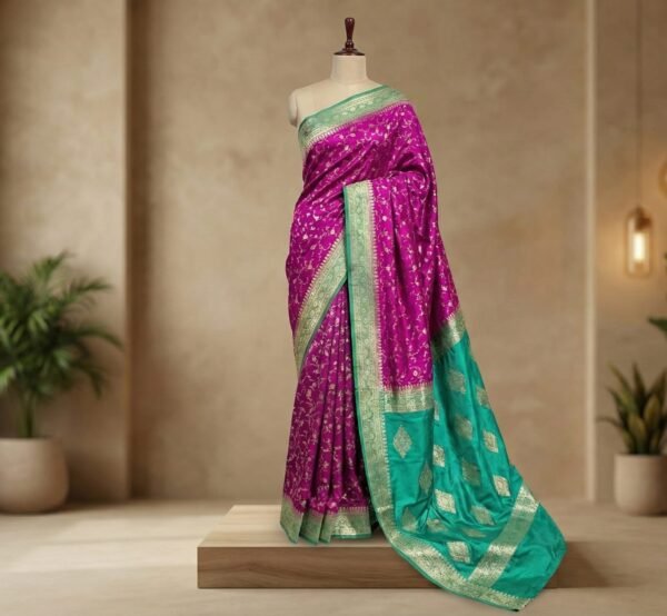Vibrant Rani Pink & Teal Green Gaji Satin Silk Saree with Gold Zari Elegance
