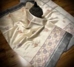 Ivory Tussar Silk Saree with Charcoal Grey Border & Pastel Embroidery