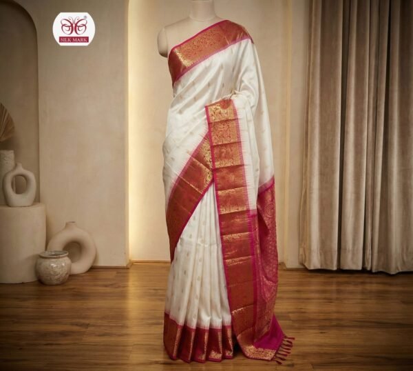 Elegant White Silk Saree with Gold Zari Jacquard Border