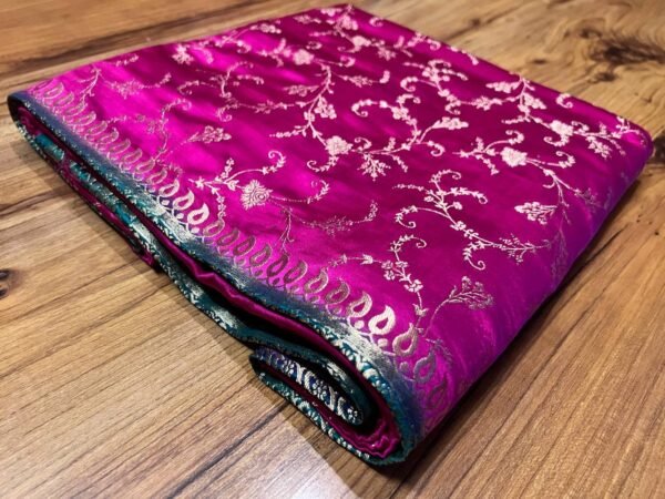 Vibrant Rani Pink & Teal Green Gaji Satin Silk Saree with Gold Zari Elegance