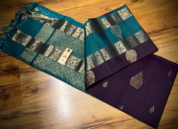 Royal Purple Silk Saree with Teal Gold Zari Gap Border