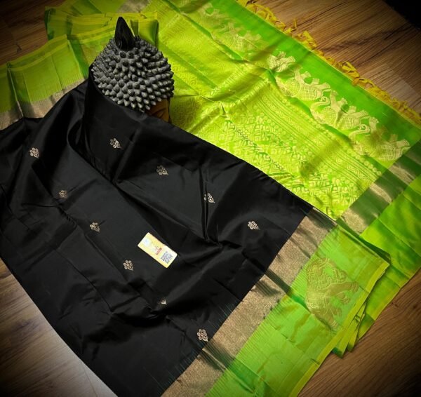 Classic Black Silk Saree with Parrot Green Gold Zari Contrast Border