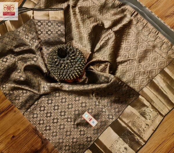 Antique Gold & Charcoal Zari Silk Saree – Subtle Royal Elegance