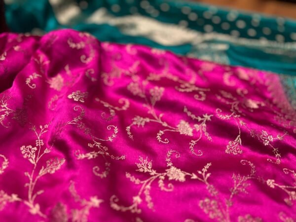 Vibrant Rani Pink & Teal Green Gaji Satin Silk Saree with Gold Zari Elegance
