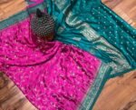 Vibrant Rani Pink & Teal Green Gaji Satin Silk Saree with Gold Zari Elegance