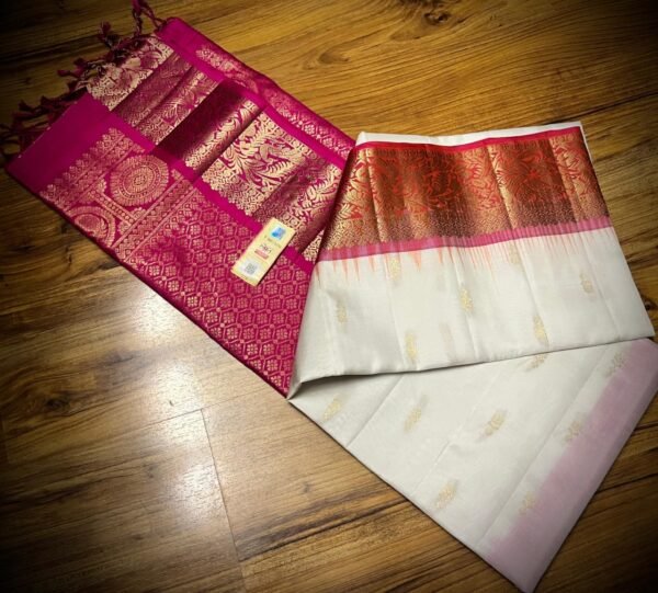 Elegant White Silk Saree with Gold Zari Jacquard Border