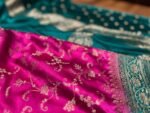 Vibrant Rani Pink & Teal Green Gaji Satin Silk Saree with Gold Zari Elegance