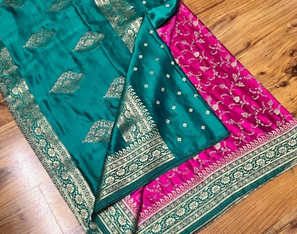Vibrant Rani Pink & Teal Green Gaji Satin Silk Saree with Gold Zari Elegance