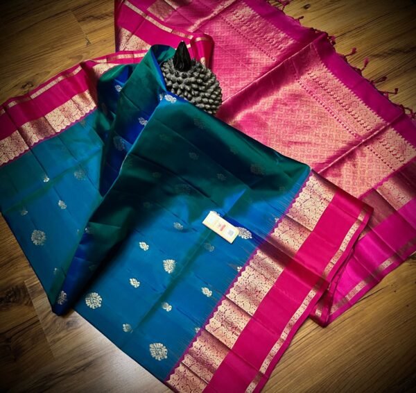 Royal Peacock Blue & Rani Pink Gold Zari Gap Border Silk Saree